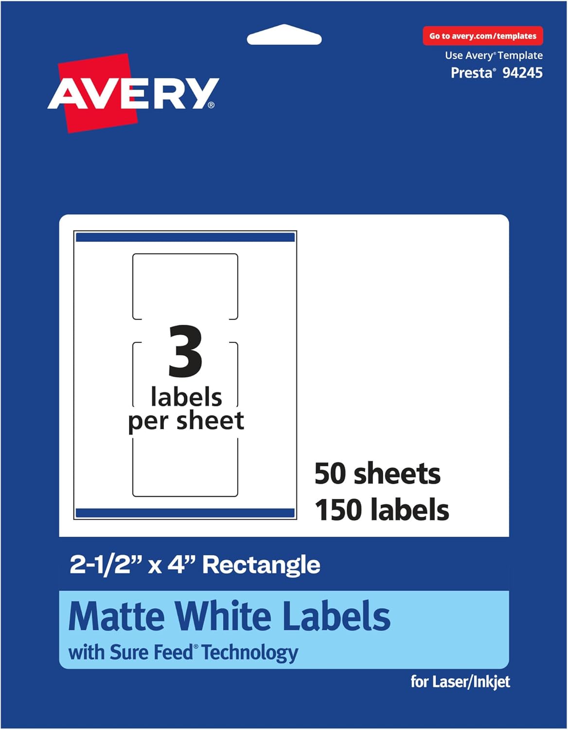 Avery Matte White Rectangle Labels, Sure Feed Technology, 2.5" x 4", 150 Matte White Printable Labels