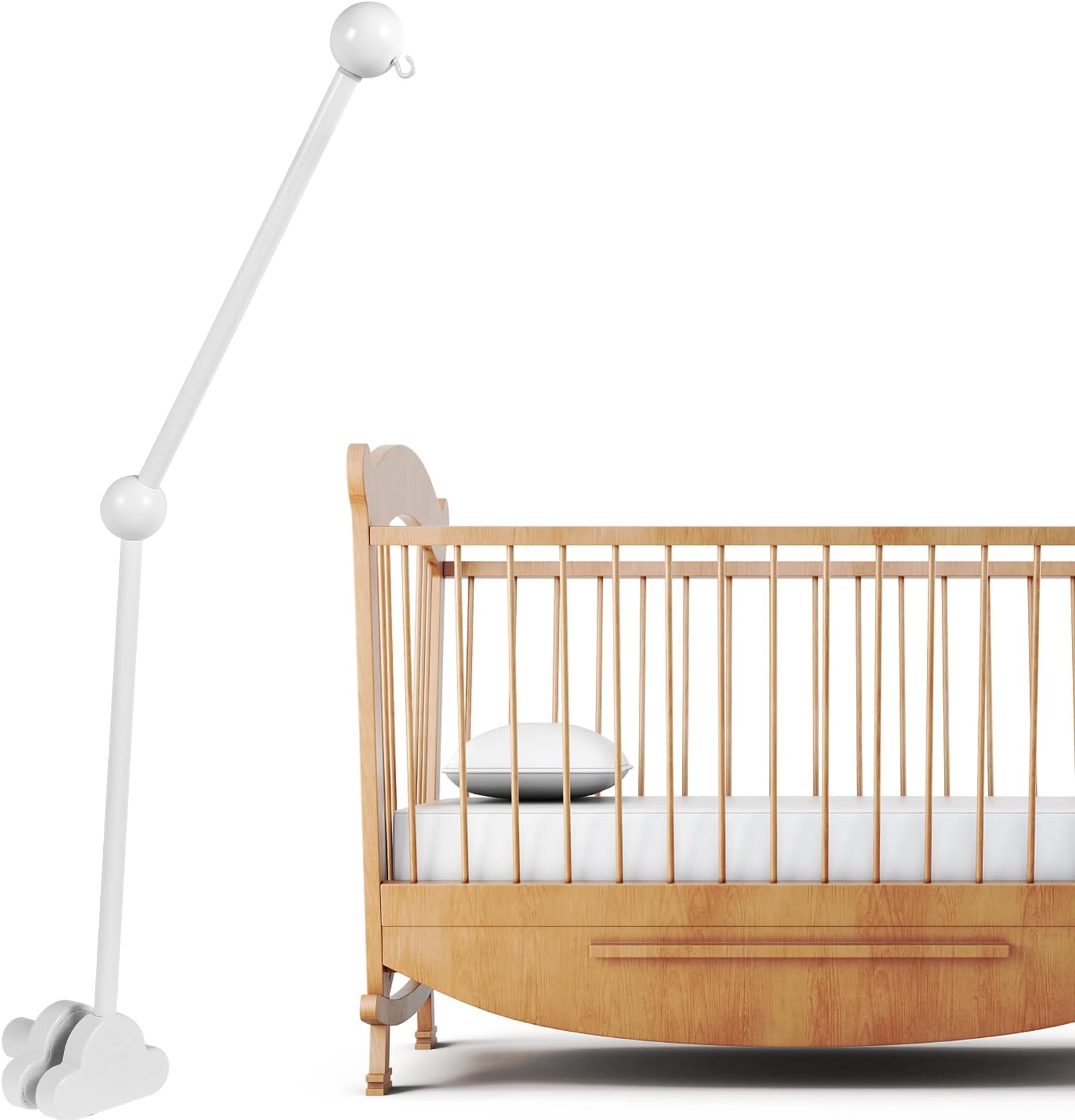 Baby Crib Mobile Arm, Adjustable Angle and Height, Cot Mobile Arm Wooden for Nursery Decor Mount Bed Bell Holder (White)