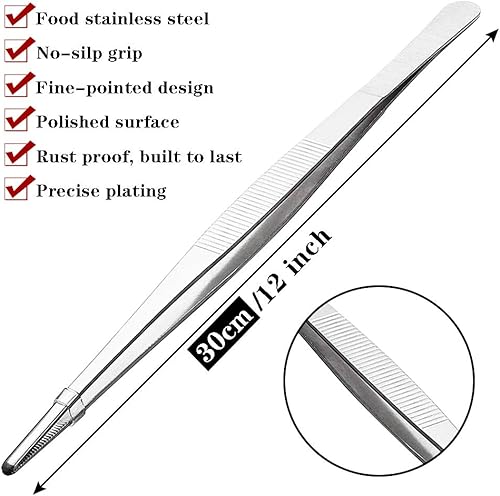 Miniatura 2 de Pinzas de cocina de acero inoxidable de 12 pulgadas de largo, pinzas de alimentos grandes resistentes con puntas dentadas de precisión para cocinar