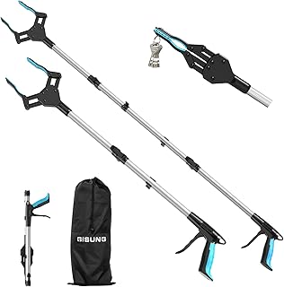 Reacher Grabber Tool Heavy Duty, 2-Pack 44" & 34" Extra Long Foldable Grabbers for Elderly with Upgraded Rotating Anti-Slip Jaw & 2 Drawstring Bags, Sturdy Reaching Assist Tool for Trash Pick Up, Aid