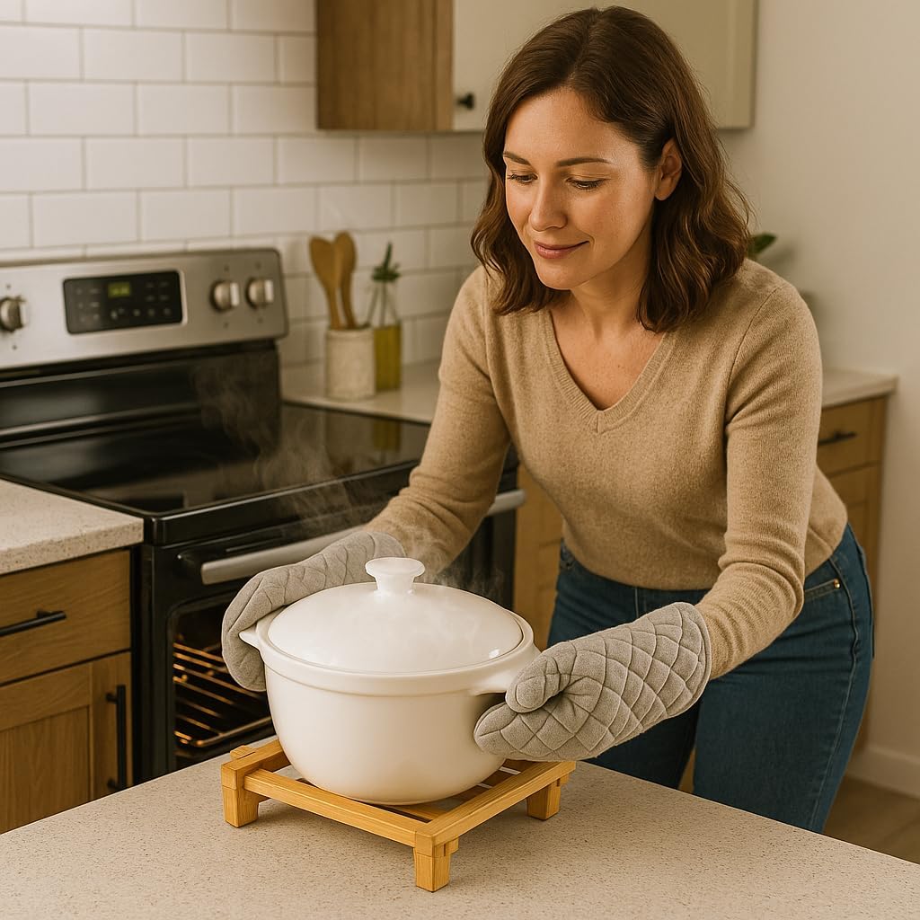 Creative Home Stoneware Baking Dish with Bamboo Serving Rack – Oven-to-Table Casserole Dish, Perfect for Baking, Serving, and Entertaining