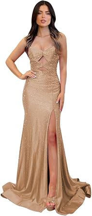 Sparkly Glitter Prom Dresses with Slit for Teens 2026 Long Ball Gown Evening Dress