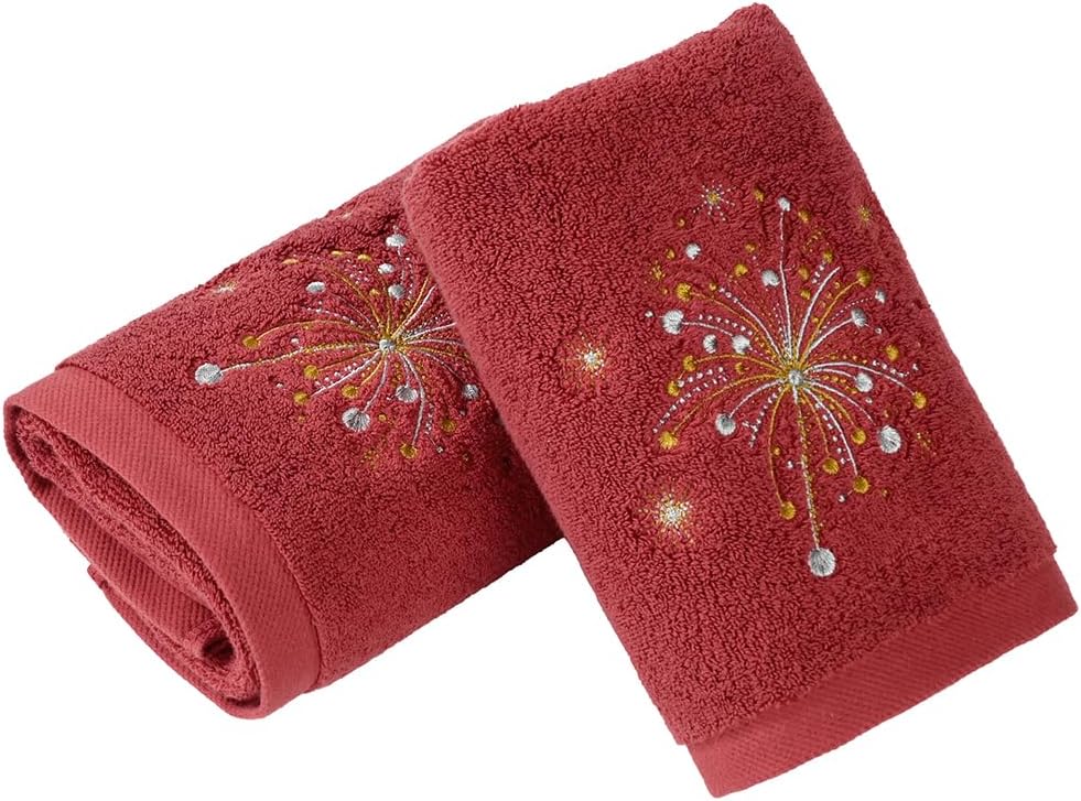 Red Hand Towel Set of 2 Fireworks Embroidered Design Luxury Hand Towel for Bathroom Ultra Soft 100% Cotton Absorbent Home Celebration Holiday Party Decor Gift 13" X 29"