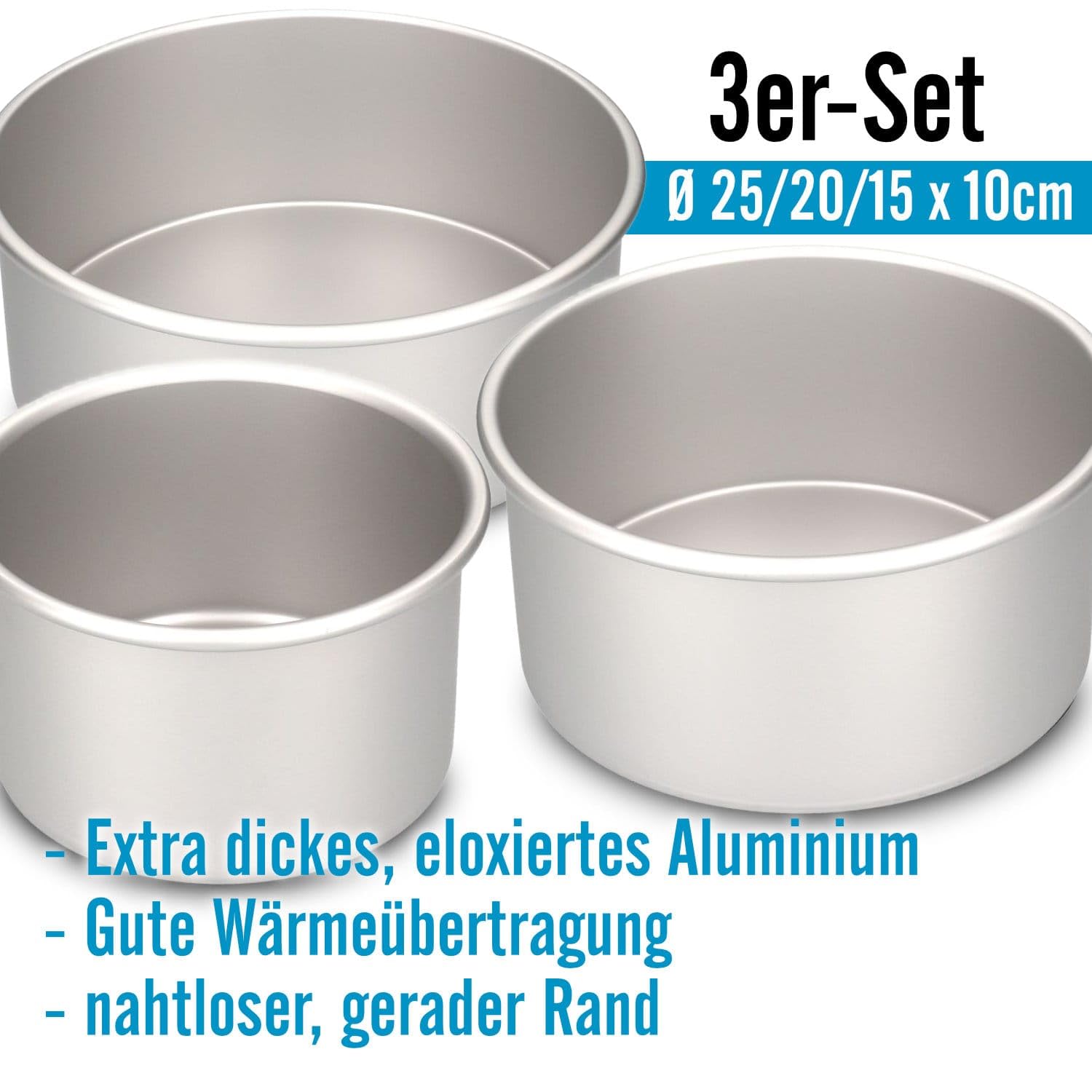 AOS Set | enthält Cake Masters Runde Backform 25/20/15 cm x 10 cm – Nahtlos aus extra dickem, eloxiertem Aluminium – Profi-Backformen für hohe Kuchen & Torten