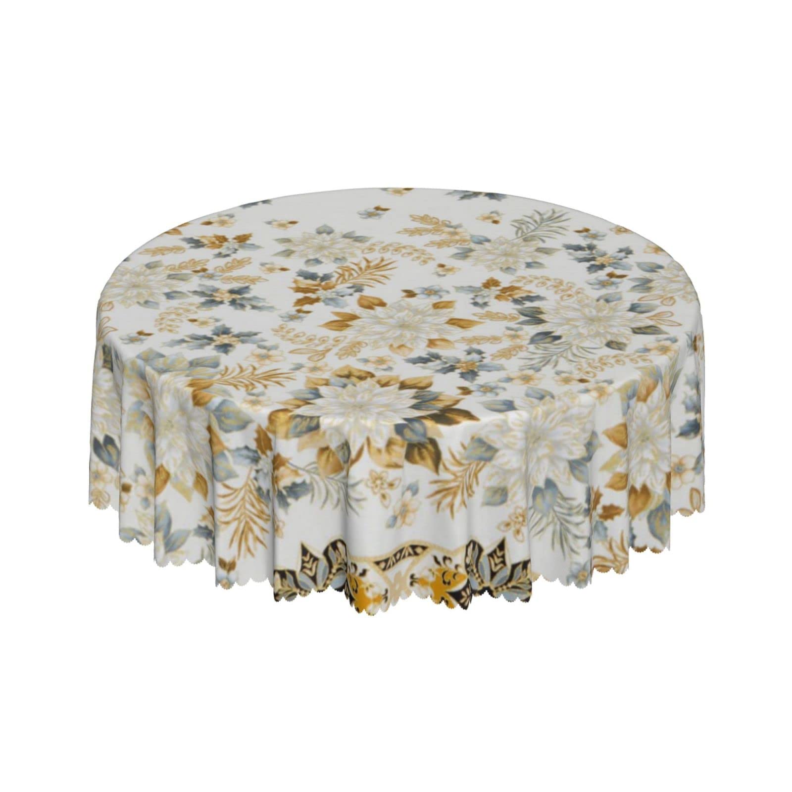 Lsjuee Vintage Golden Floral Texture Round Tablecloth 60 Inch Printed Washable Tablecloth for Dining Party Holiday Fall Home Decorative