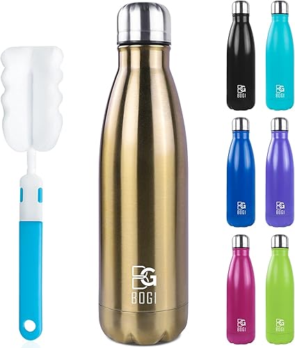 BOGI Botella de agua aislada de 17 onzas, botellas de agua de acero inoxidable de doble pared al vacío, a prueba de fugas, mantiene la bebida
