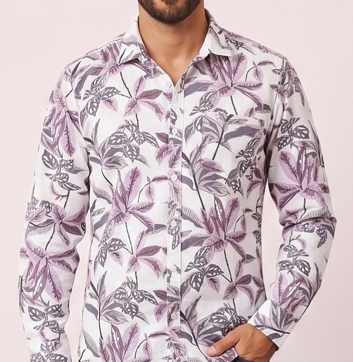 Image of UNM Men's Casual Shirt, Tropical Leaf Print on White