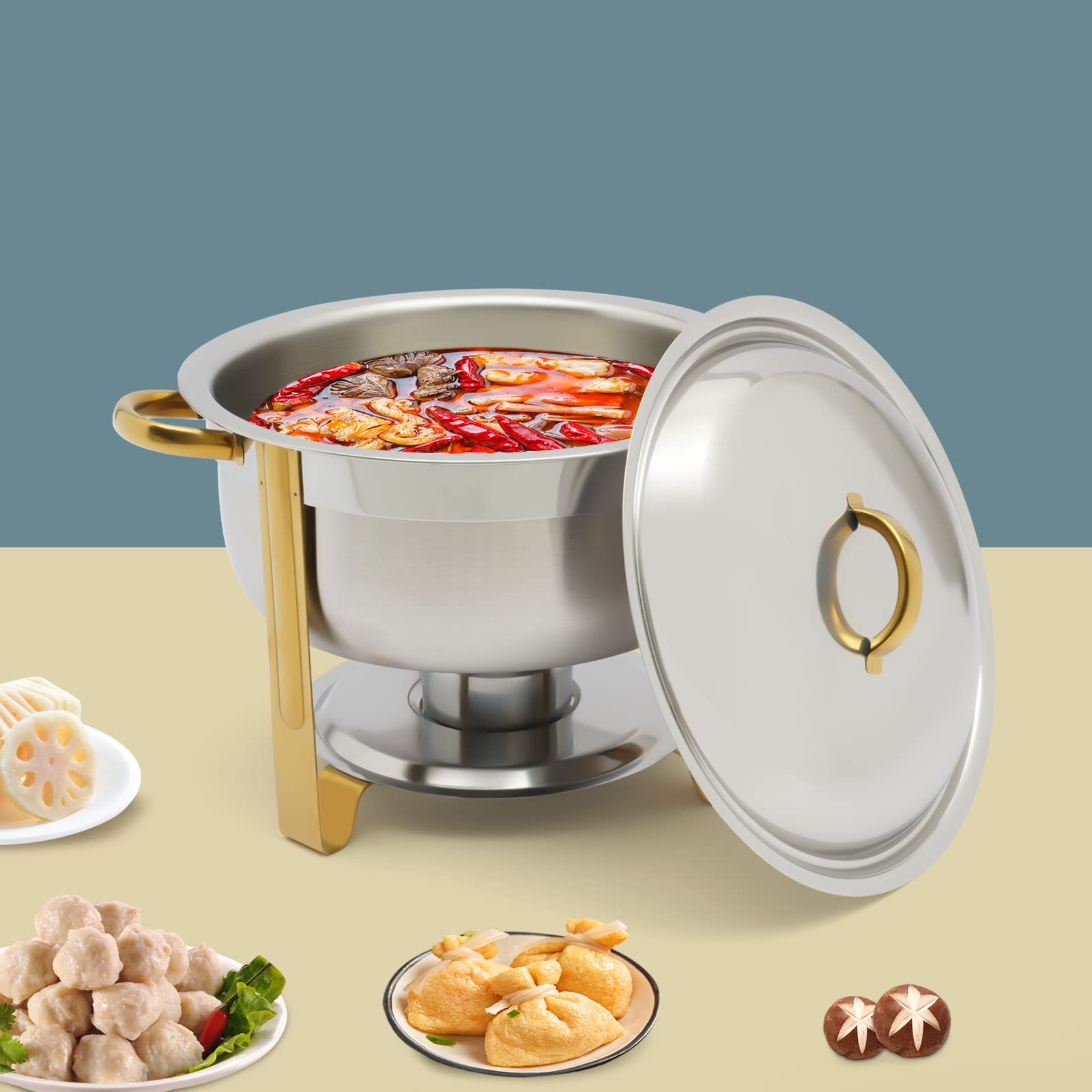 Chafing Dish - Calentador de alimentos redondo de acero inoxidable de 5 litros con tapa, recipiente para pasta de combustión y soporte, calentador de buffet dorado, para catering, fiesta