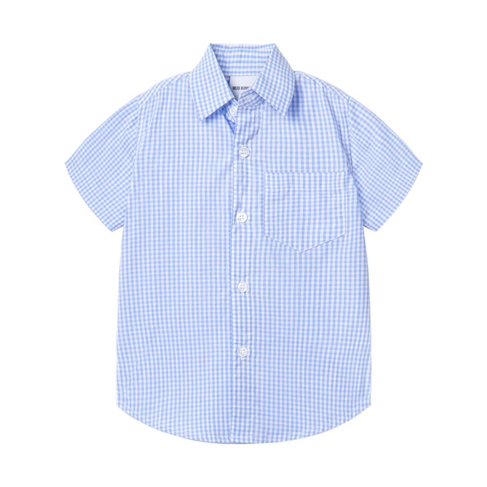 Mud Kingdom Camisa de manga corta con botones para niños, cuello redondo, parte inferior redonda, plisada, casual, verano