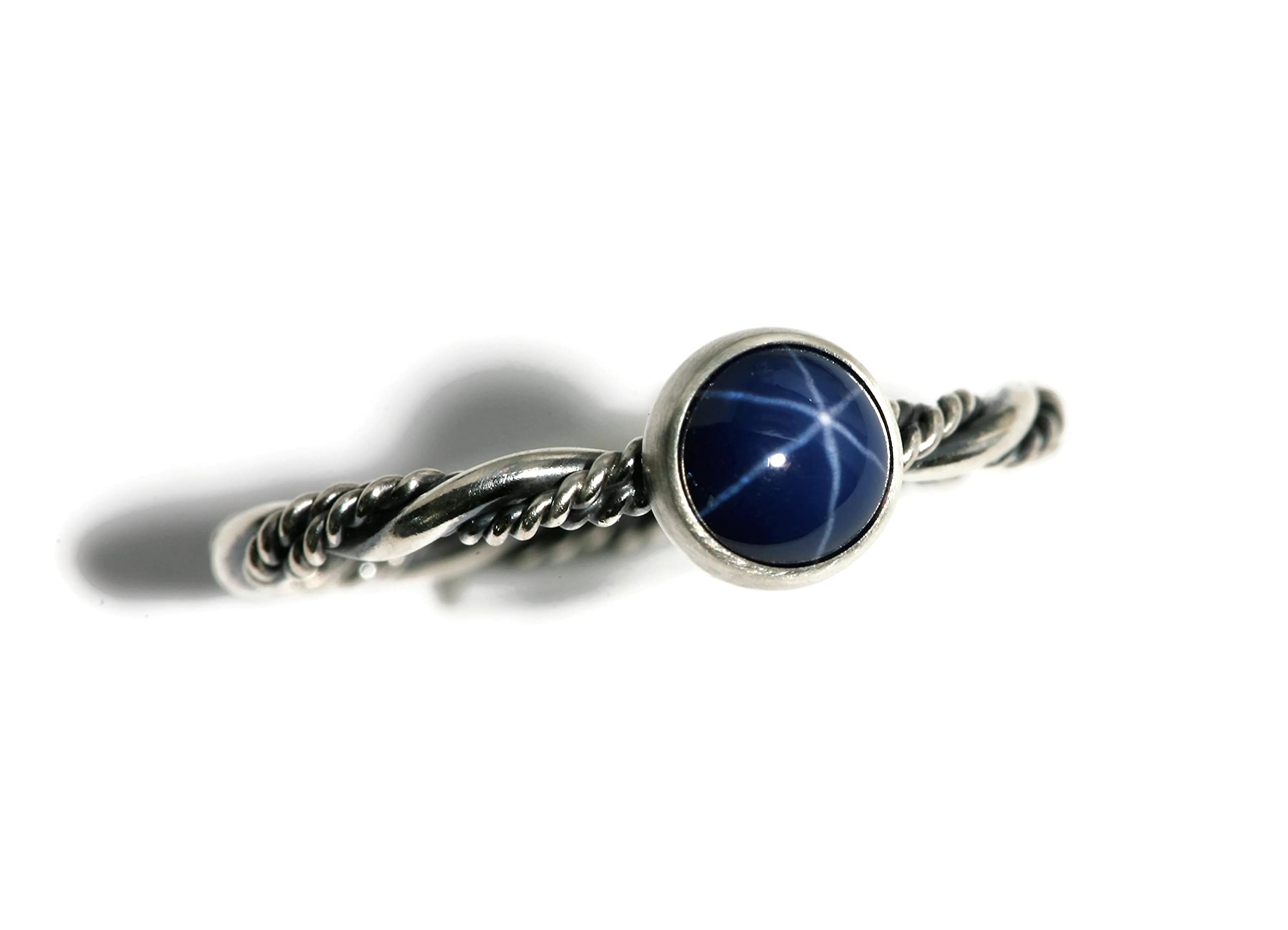 Salish Sea Inspirations 6mm Created Blue Star Sapphire Ring Twisted Band (Vintage Silver)