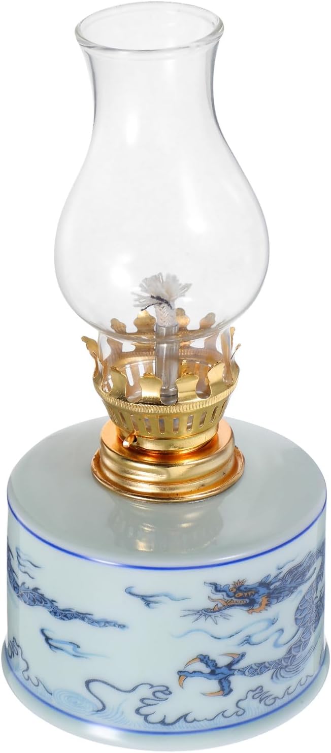 Chamber Oil Lamp Vintage Ceramic Kerosene Lantern Blue and White Porcelain Small Hurricane Lamp for Indoor Home Decor and Emergency Lighting