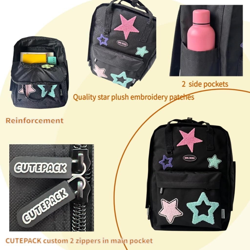 Kawaii Cutecore star Backpack with Y2k Stars Casual Aesthetic Daypack Simple Laptop Square Medium Purse Backpack for Women,Water-Resistant Bookbag for 14 Inch Laptop (Star)