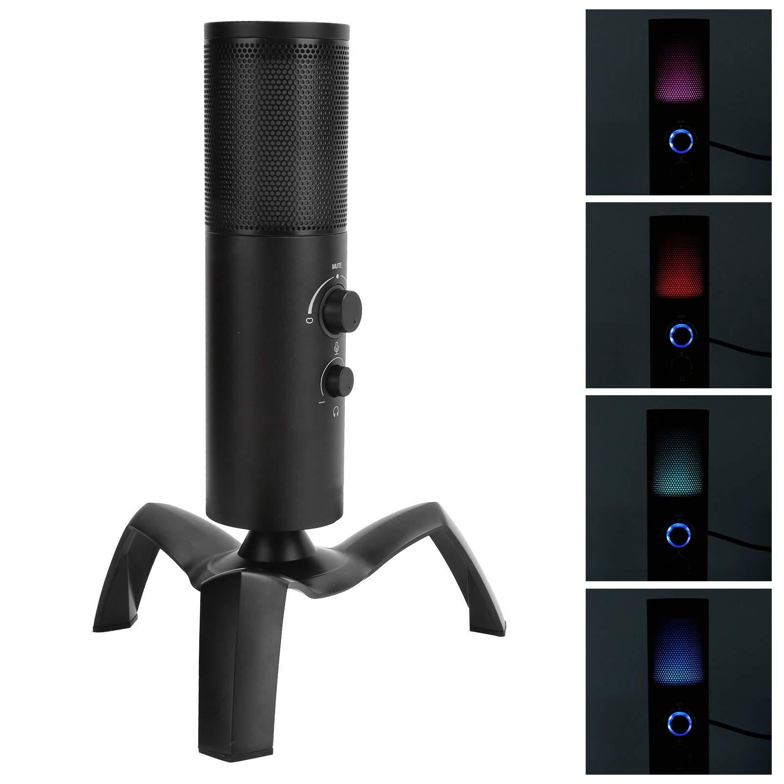 Mikrofon pojemnościowy USB PC, wyjście słuchawkowe Interfejs TYPE-C Podwójny mikrofon kierunkowy ze wskaźnikiem i światłem RGB, do nagrywania transmisji na żywo(czarny)