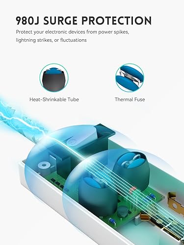 Miniatura 3 de Regleta protectora contra sobretensiones PD 20W USB C - Cable de extensión trenzado de enchufe plano con 6 salidas de CA, 2 USB (1 USB C), montaje