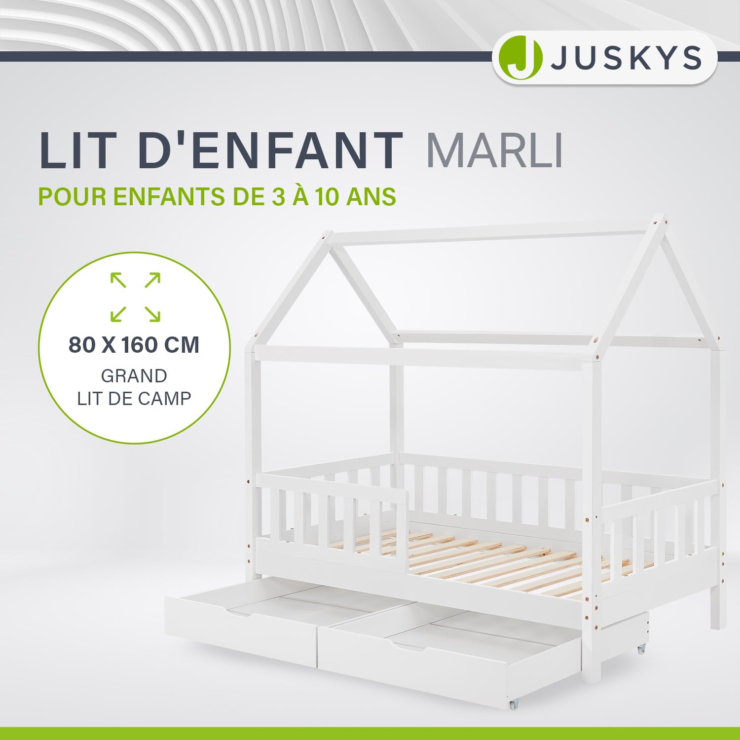 Juskys Lit cabane Enfant Marli 80x160 cm avec 2 tiroirs, Protection antichute, sommier à Lattes et Toit, Lit Maison Montessori en Bois Massif, Blanc