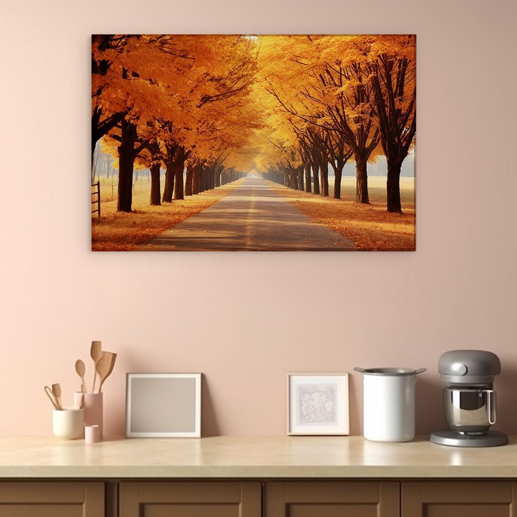 Canvas for Living room. Autumn's Embrace on a Lonely Country Road, 27 x 18 inch Canvas Wall Art - Contemporary Masterpieces - Modern Home Decor