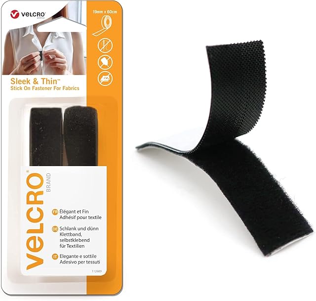 VELCRO® Brand | Sleek & Thin Stick On Fasterner for Fabrics | Strong Sticky Hook & Loop Self Adhesive Fasterner Perfect for Crafting, Clothing Repairs & Hemming | Black | 19mm x 60cm