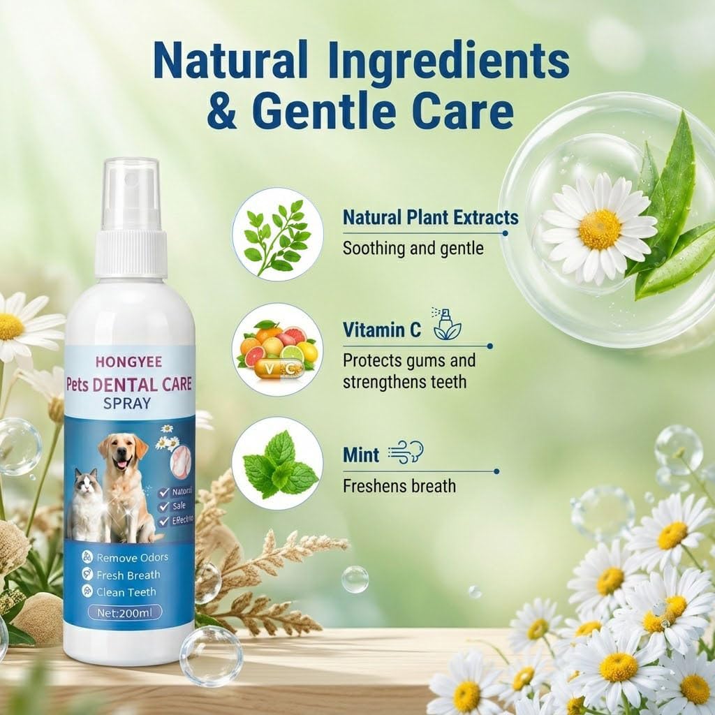 Pet Dog Dental Care Spray for Cats Dogs Breath Freshener Spray, Dog Dental Spray Plaque, Tartar Dental Spray Mint Flavor, no Brushing Required; Easy to use 6.7fl