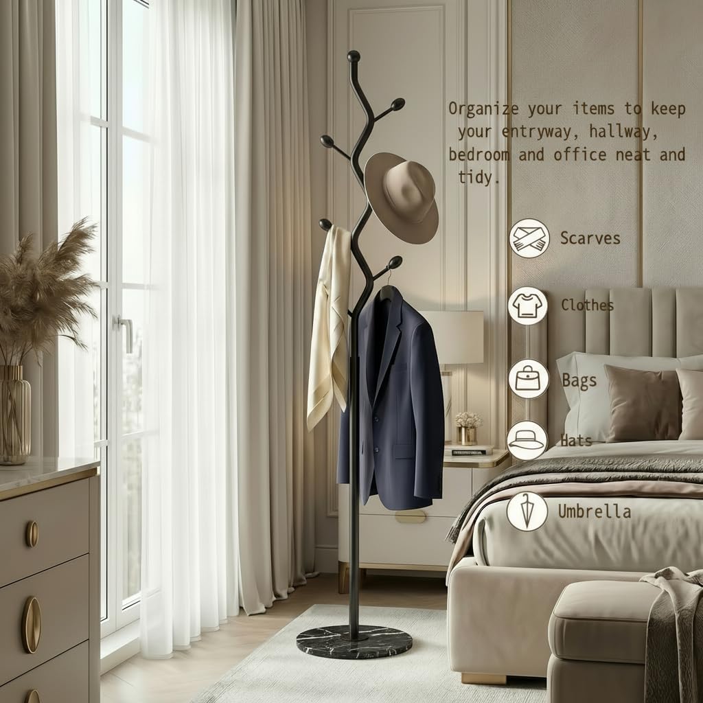 Freestanding Tree Branch Coat Rack with Marble Base, Gold Decorative Standing Coat Rack with 8 Hooks, Sturdy Heavy Duty Metal Coat Hanger Stand for Entryway Bedroom Living Room (All Black)