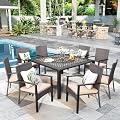 Sophia & William 9 Pieces Outdoor Dining Set for 8 People, 53" Square Cast Aluminum Patio Table and 8 Rattan Chairs Set, All Weather Patio Dining Set with 2.1” Umbrella Hole