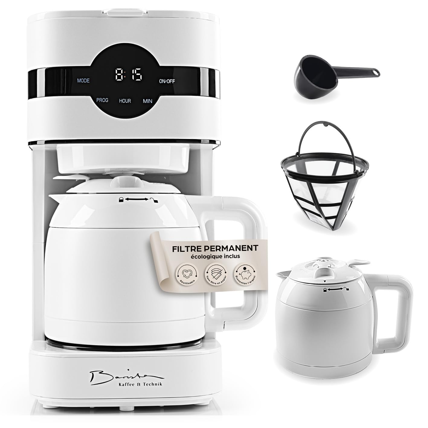 Barista Machine à café filtre avec verseuse isolante | Machine à café filtre avec écran tactile & fonction minuterie | Avec filtre permanent & 900W | Réservoir d'eau de 1,25 litre pour 8 tasses