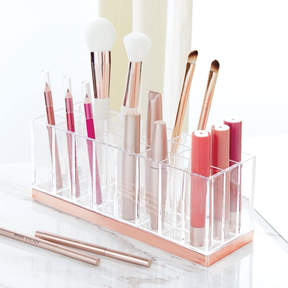 mDesign Plastic Cosmetic Organizer Storage Center with 24 Sections for Bathroom Countertops, Vanity - Hold Makeup Brushes, Lipstick, Lip Gloss, Concealers, Mascara, Eye Pencils - Clear/Rose Gold