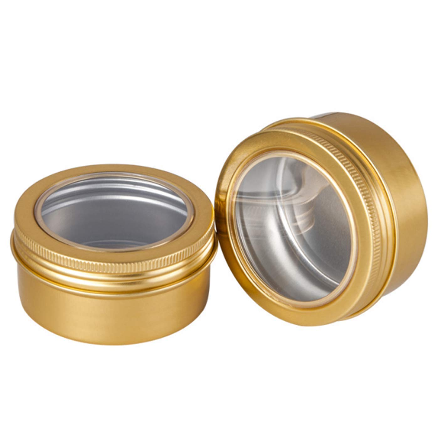 15 Pack 3 Oz Clear Window Round Aluminum Tin Cans Screw Top Metal Lid Aluminum Tin Jar Empty Lip Balm Tin Cans Cosmetic Storage Jars for Spices Candles Candies Gifts Arts Crafts,90ml(Gold)