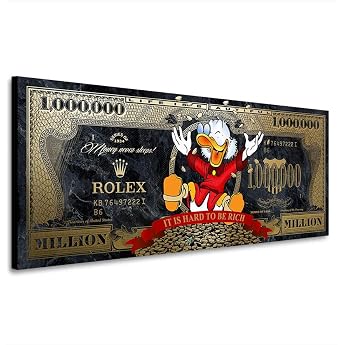 Art Designs24 Scrooge Million Dollar Canvas Picture - Pop Art Wall Picture with Money Motif & Rolex Style - Humorous Luxury Decoration for Living Room Office Teenager's Room 100 x 40 x 4 cm