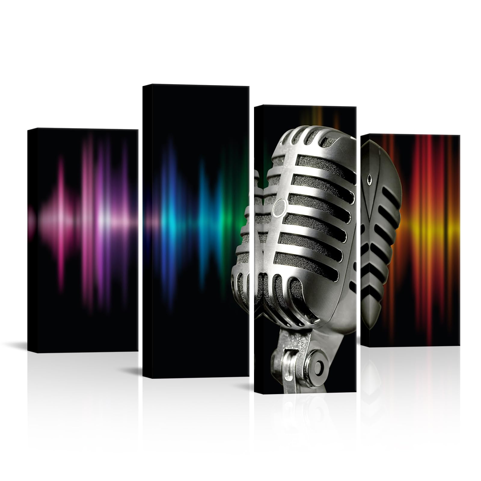 Silvery Microphone Canvas Wall Art, Musical Audio Recording Equipment Poster Prints Artwork for Home Bedroom Music Room Studio Wall Decor, 48"x32"x4 Panels