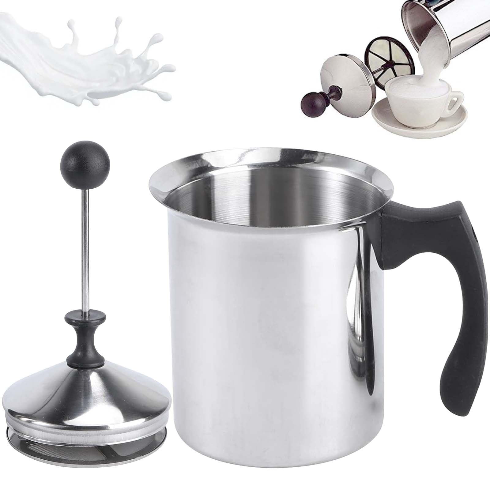 Montalatte manuale in acciaio inox Double Mesh da 800 ml, 11 x 12 x 20 cm, in acciaio inox, schiuma di latte grazie al doppio setaccio e allo speciale meccanismo a ghiandola