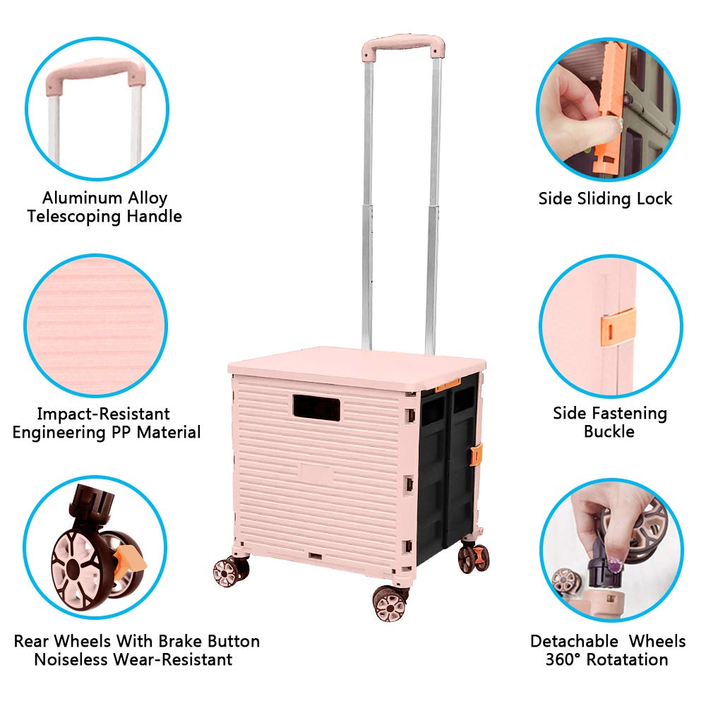 Carrello pieghevole pieghevole portatile con carrello telescopico in plastica resistente e resistente, pieghevole, 4 ruote girevoli per viaggi, shopping, spostamento, bagagli, uso ufficio (rosa)
