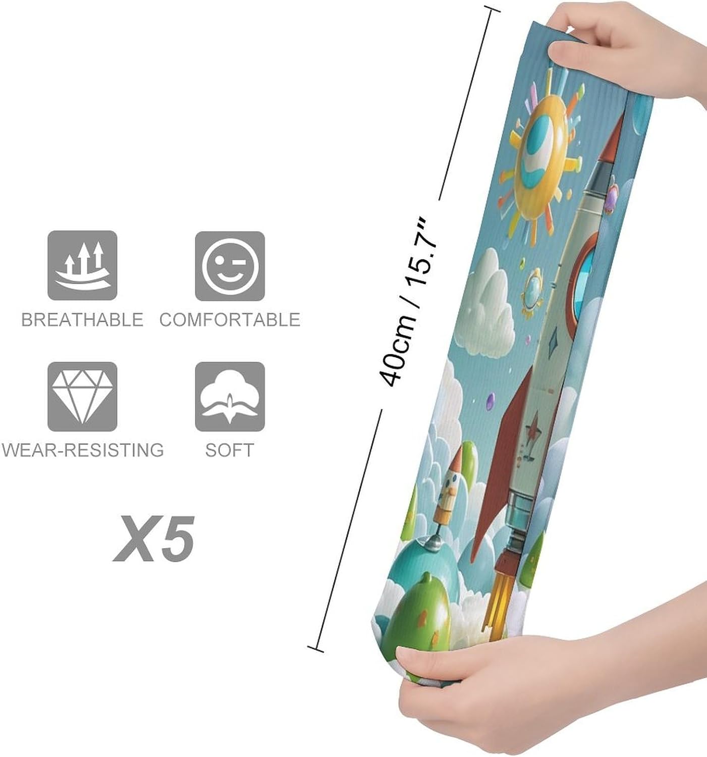 Cartoon Rockets Crew Socks Cozy Casual Calf Socks Lightweight Long Work Sock Breathable Athletic Sock for Hiking Sports Running 5 Pairs