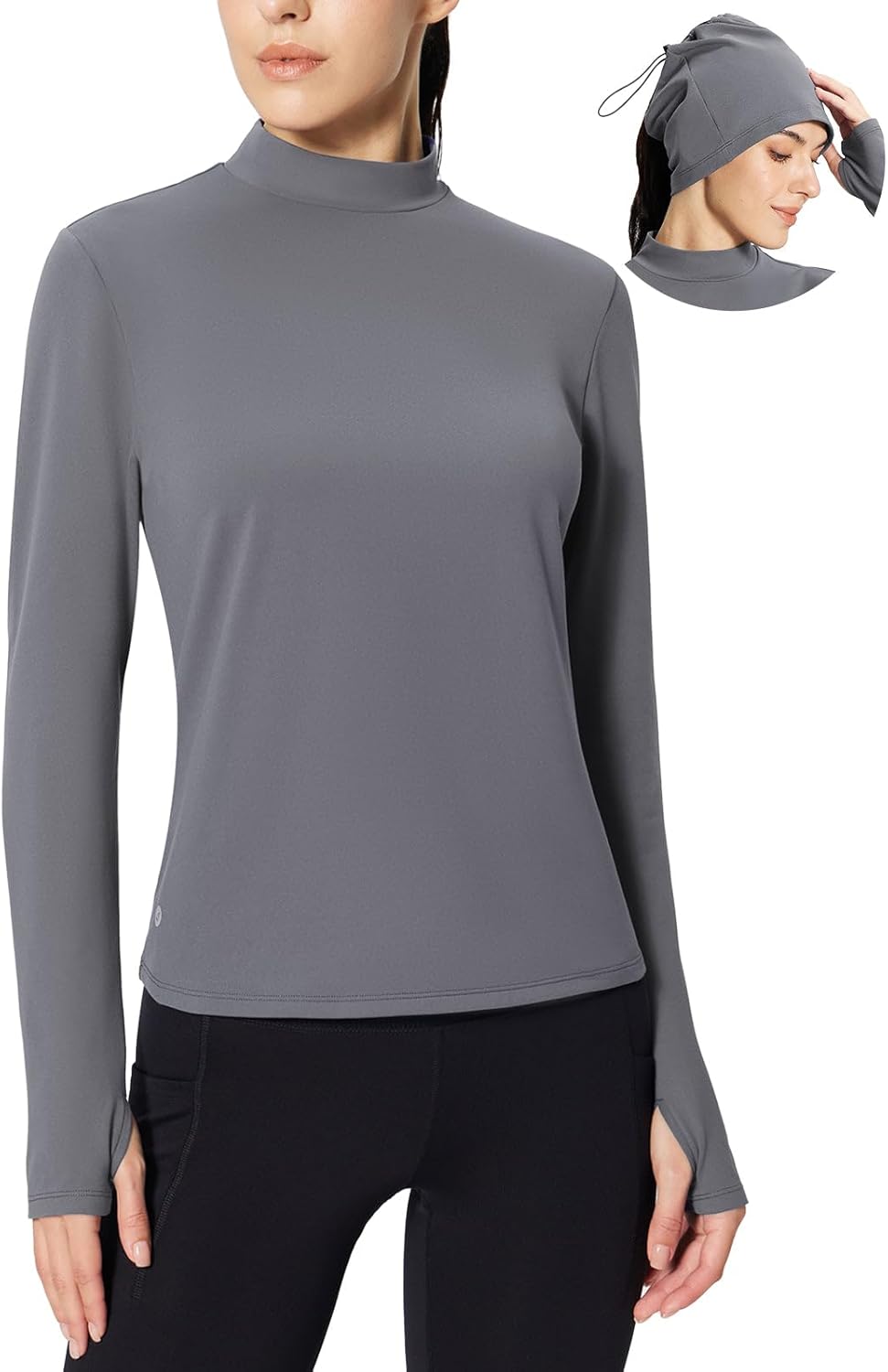 baleaf Women's Thermal Long Sleeve Shirts Fleece Mock Neck Top Warm Undershirts with Detachable Neck Gaiter Thumbholes