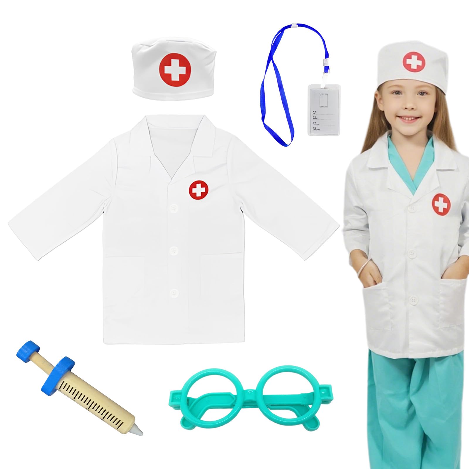 FunnAura Kids Doctors Outfit Set, Doctor Costume Hat Glasses Work ID Card Wooden Syringe Toys for Role Play up 3 Year Old Children