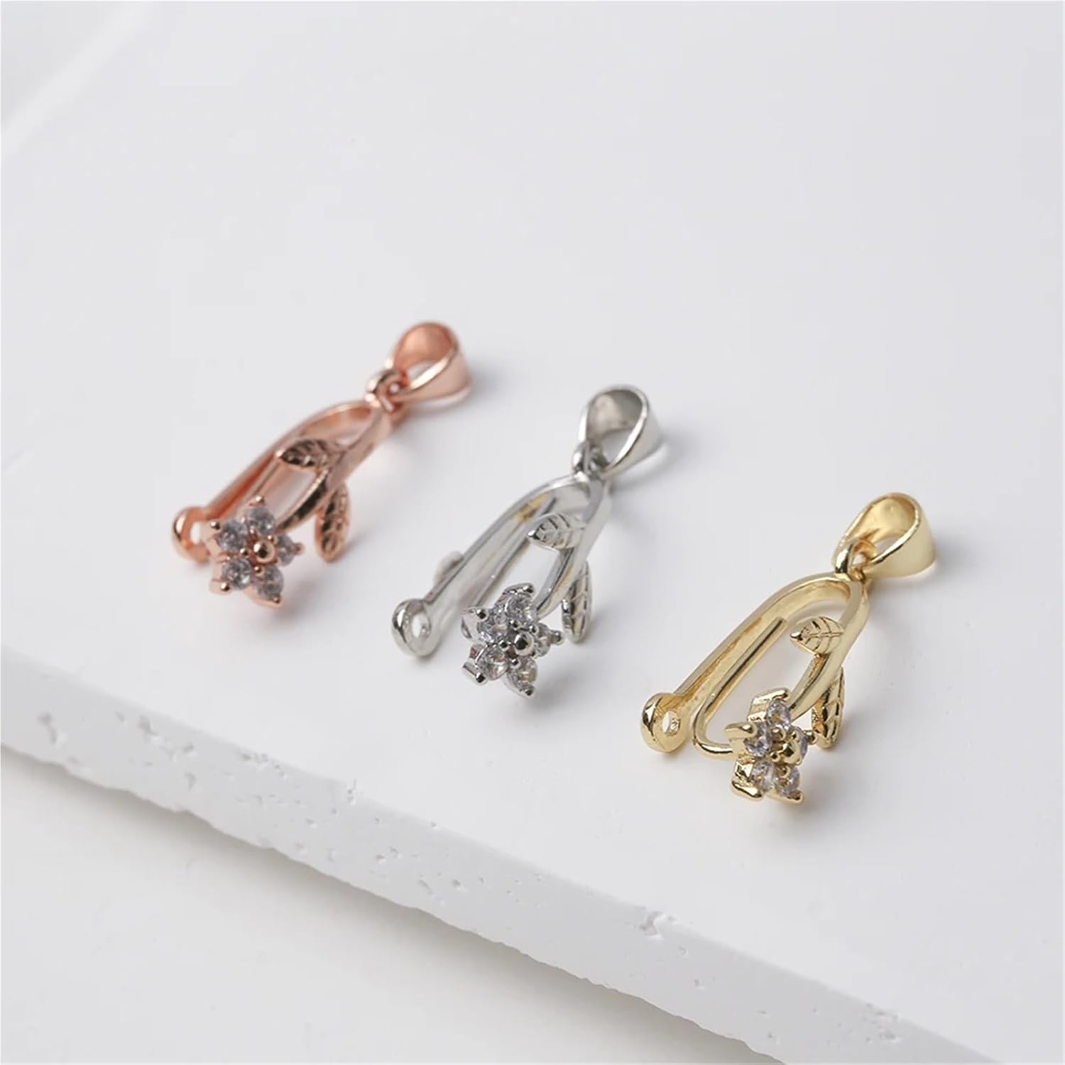 Pinch Bails for Jewelry Making 12Pcs Donut Bail CZ Star Flower Pinch Clip Clasps Pendant Hook Buckle Setting for DIY Gemstone Jewelry Making(Rhodium)