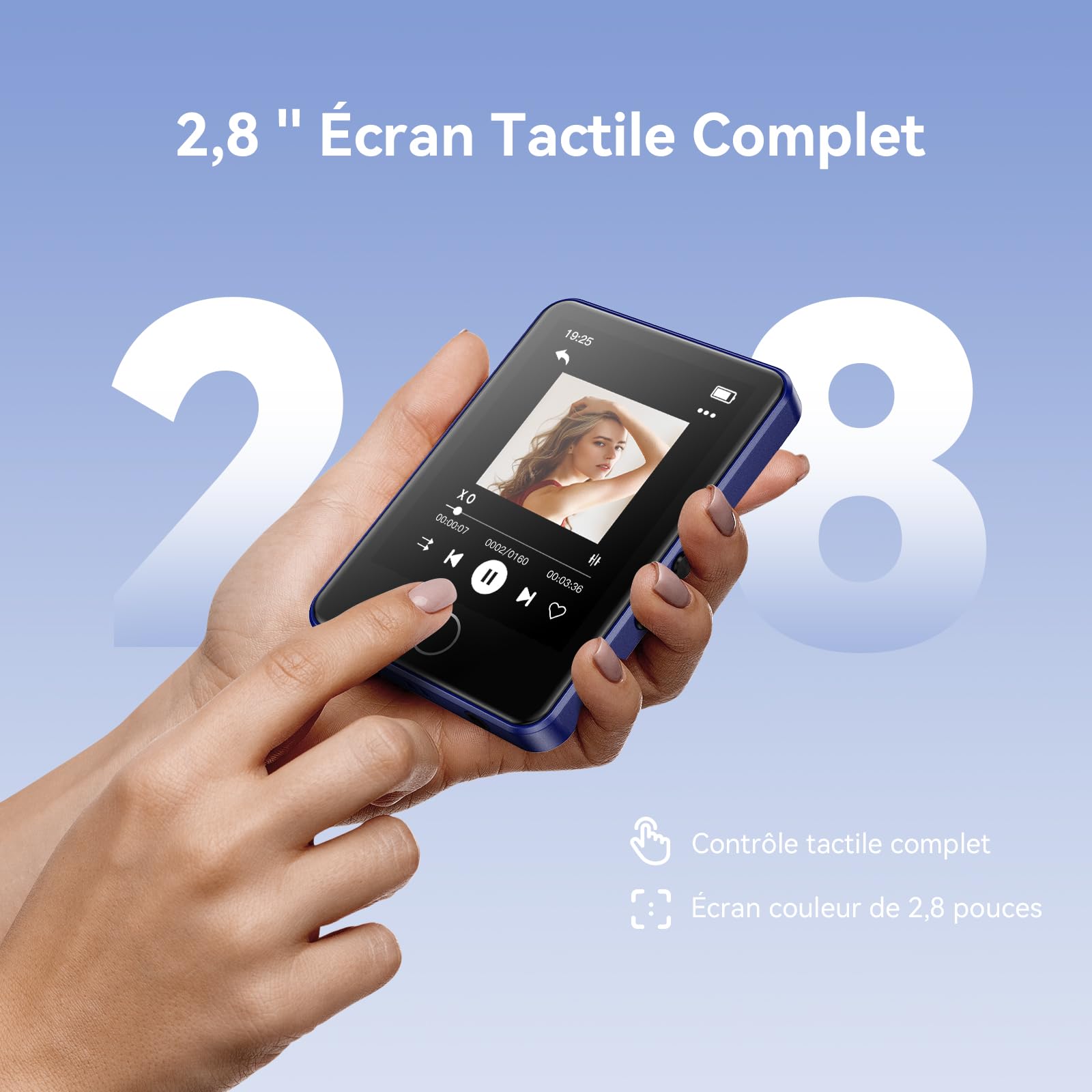 AGPTEK 64Go MP3 Bluetooth 5.3, Baladeur Numérique 2.8" Tactile Lecteur Musique HiFi avec Haut-Parleur/Radio FM/Enregistreur, Externe Jusqu'à 128Go, Incluse Protection en Silicone et Écouteurs, Bleu