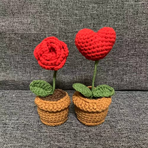 Quarter Rainbow Mini Potted Artificial Plants Crochet Handmade Kintting Flowers For Office Desk Decor And Shelf Decor- For Gift, Birthday, Ideas For Valentine's Day (Roses And Love) #TOP5