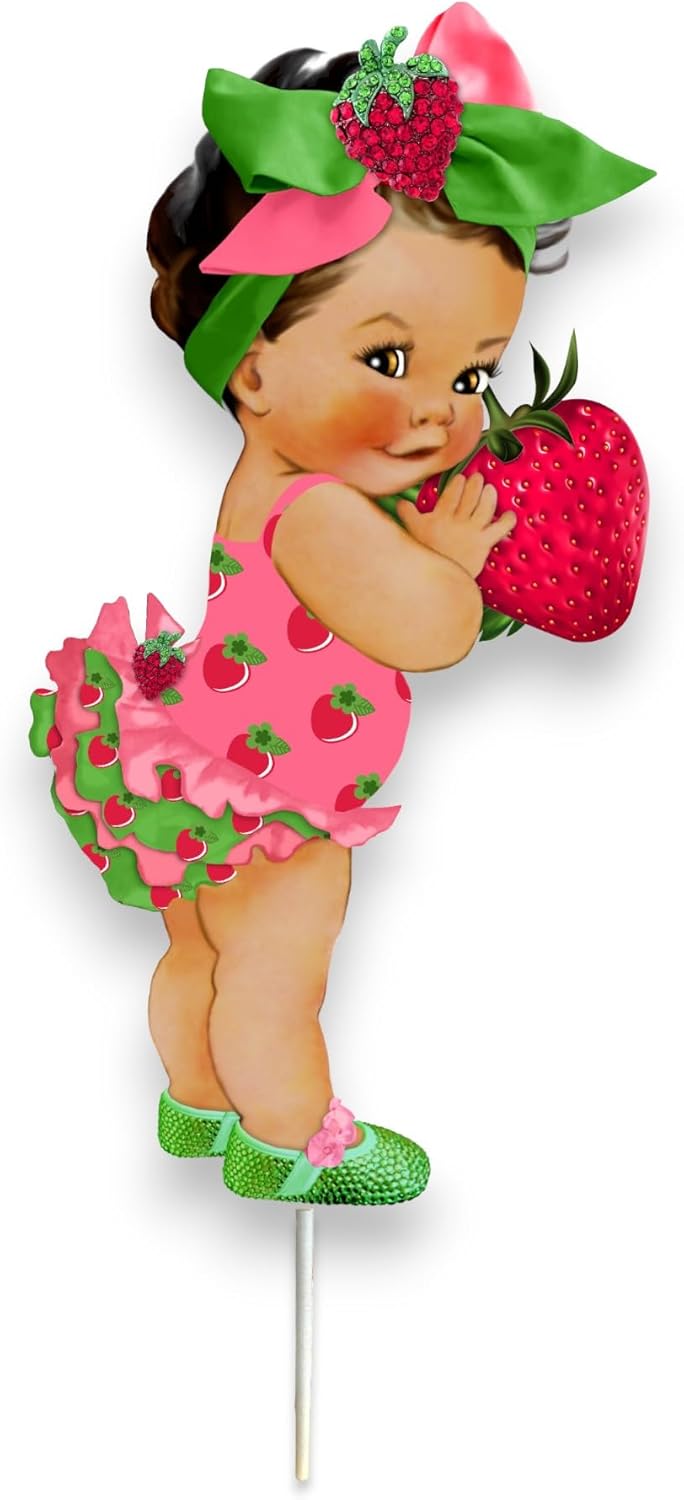 Strawberry Theme Baby Shower/Birthday Centerpieces, 10 inches, Cardstock Paper, Double Sided, Lollipop Stick Attached (5, African American)