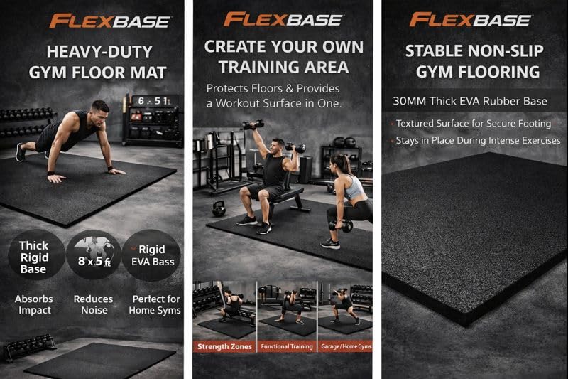 Image of FlexBase by Dhara Heavy-Duty Gym Exercise Floor Mat 8x5 Ft | 30mm Rigid EVA Rubber Base for Treadmill, Squat Rack & Dumbbell Zone | Shock & Vibration Control Mat (Black)