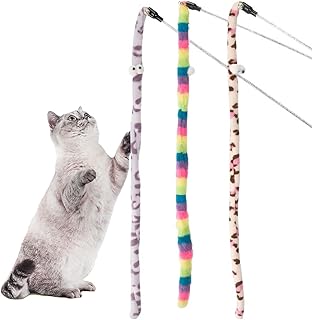 HDKUW 3 PCS Cat Toys, Cat Interactive Wand Toys with Feather and Bell, Safe Cat Teaser Catcher Stick Toy, Colorful and Sounding Wand Toys for Cats Kittens Training Pets Exerciser