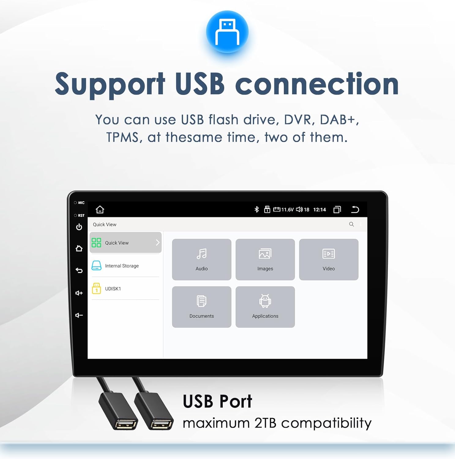Car radio screen showing USB media options and two USB ports.