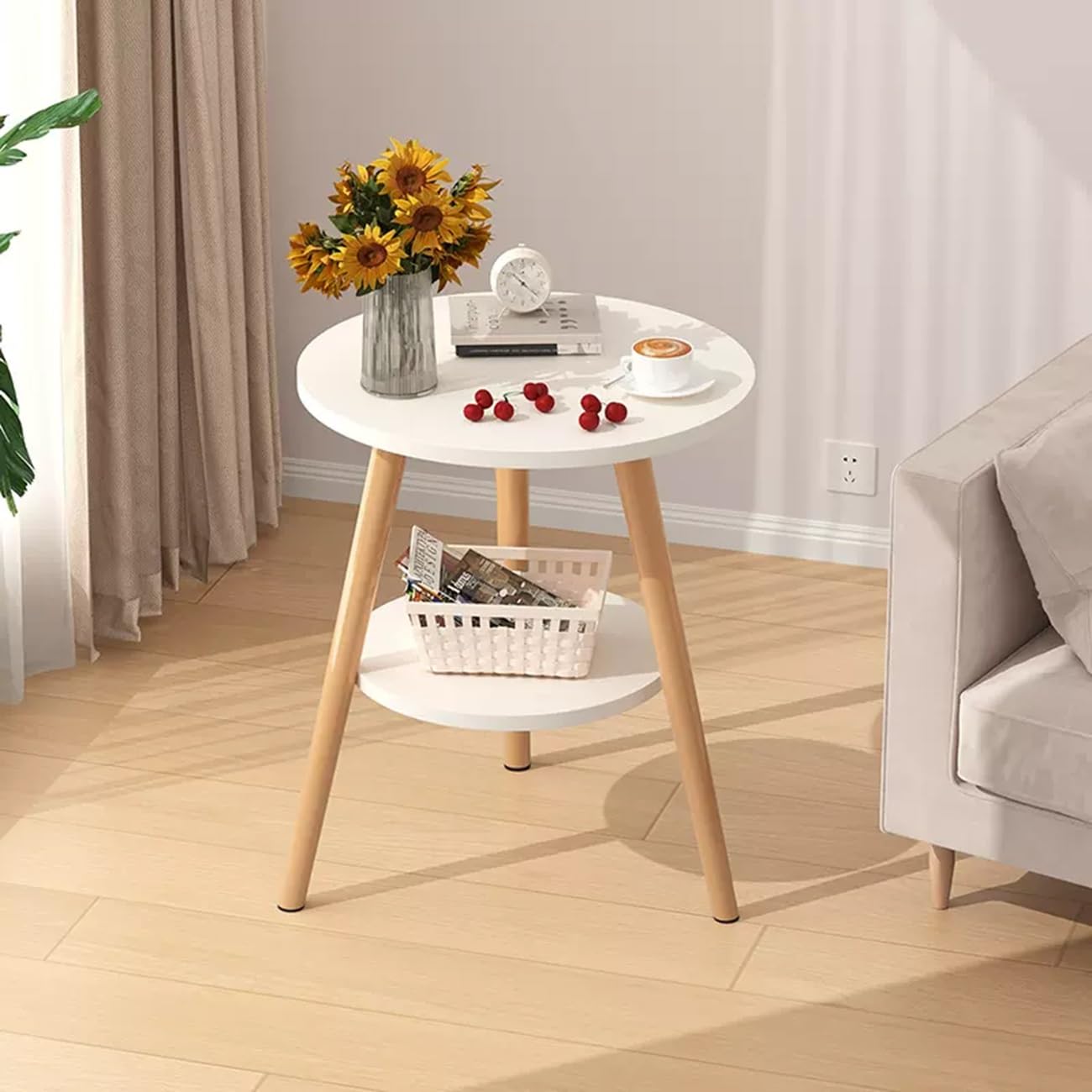 Table basse ronde 2 niveaux au design milieu du siècle pour chambre et salon