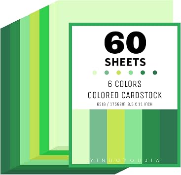 60 Sheets 8.5" x 11" Green Colored Cardstock, 6 Assorted Shades 175GSM/65lb Thick Construction Paper for Printer, Card Making, DIY Crafts, Scrapbooking, Invitations & Party Decorations