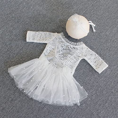 Zeroest Newborn Photography Outfits Girl Lace Romper Newborn Photography Props Rompers Baby Girls Skirt Photoshoot 3 PCS (White-Long Sleeve)