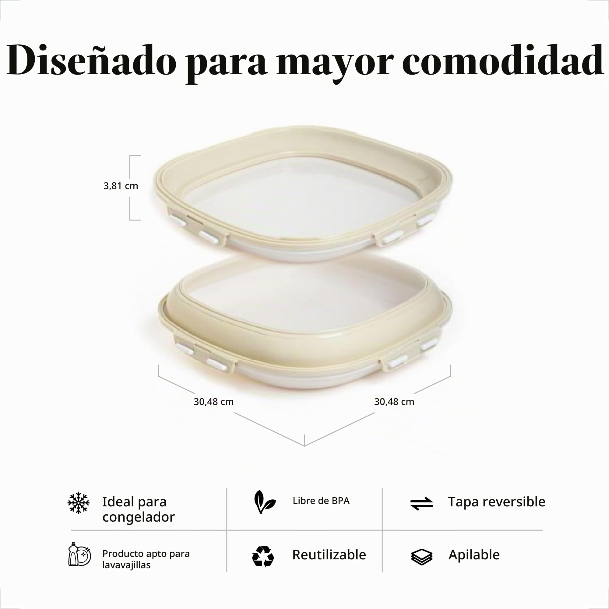 Crudités | Bandeja portátil para aperitivos | Pack de 4 cuadrados | Blanco crema | Envases para alimentos con tapa elástica reversible | Sin BPA, aptos para congelador y lavavajillas | Preparación de