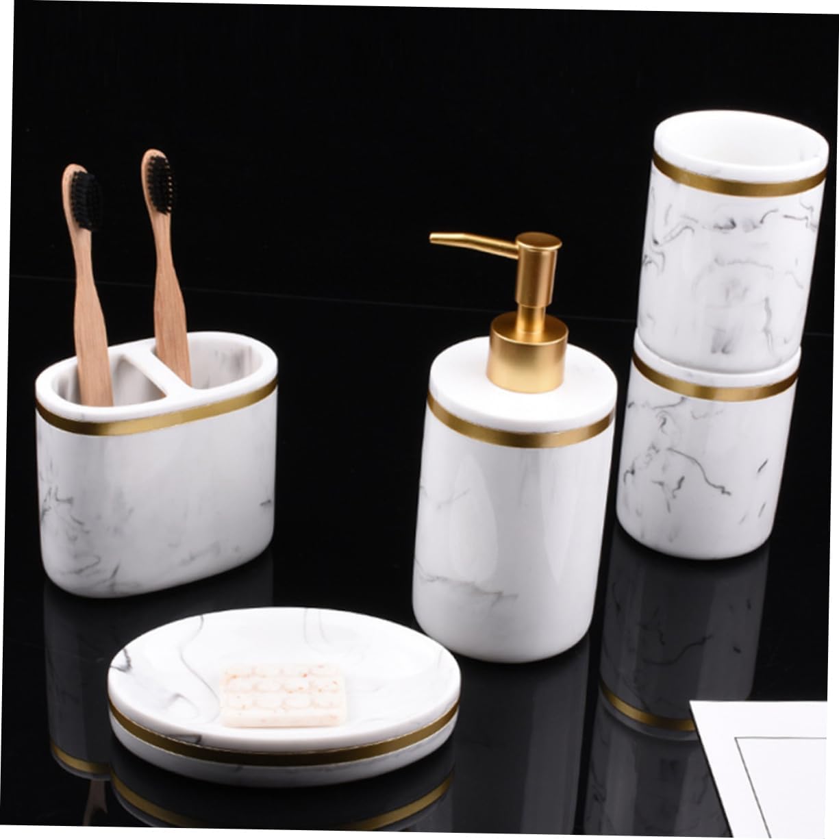 5Pcs Resin Bathroom Accessory Set Elegant Marbling Design Includes Toothbrush Holder Liquid Pump Bottles for Organizing Bathroom Supplies and Enhancing Decor