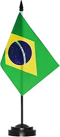 Conjunto de bandeiras de mesa ANLEY Brasil Deluxe - Bandeira de mesa brasileira em miniatura de 6 x 4 "com pólo sólido de 12" - cores vivas e resistente ao desbotamento - base preta e topo em forma