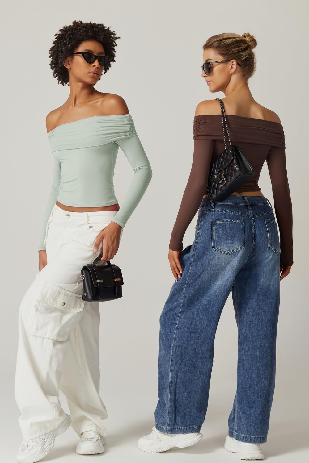 QINSEN Womens Off The Shoulder Tops Double Lined Long Sleeve T Shirts Slim Fitted Stretchy Crop Top - Image 6