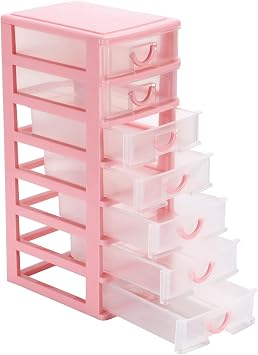 Rempry Mini Plastic Organizer with 7 Clear Drawers, 7.1"x5.1"x13.2" Small Storage Drawers Containers for Desk, Counters, Cabinets, Pink