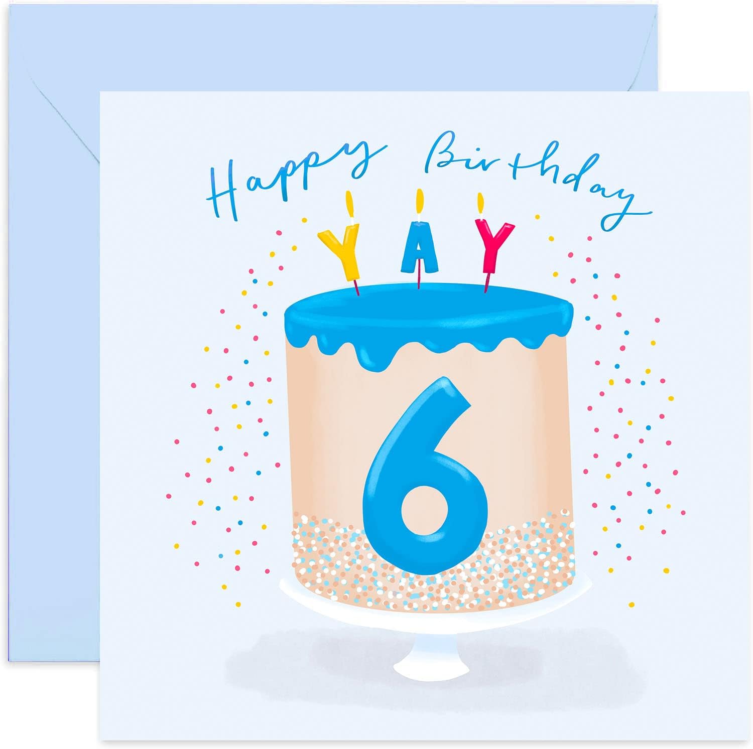 Old English Co. Blue Cake 6th Birthday Card - Boy Sixth Birthday Card | Son, Grandson, Nephew | Blank Inside & Envelope Included